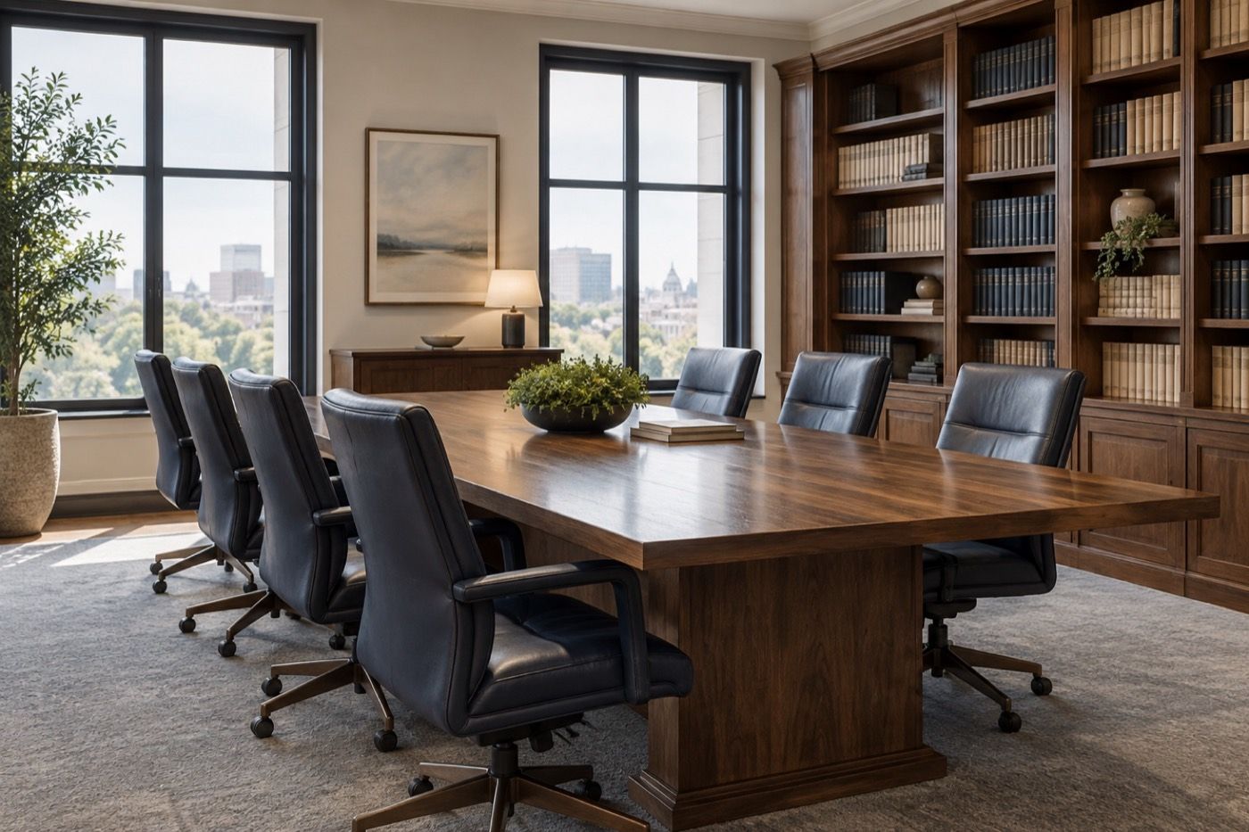 The firm’s conference room, with a long table and floor to ceiling bookshelves