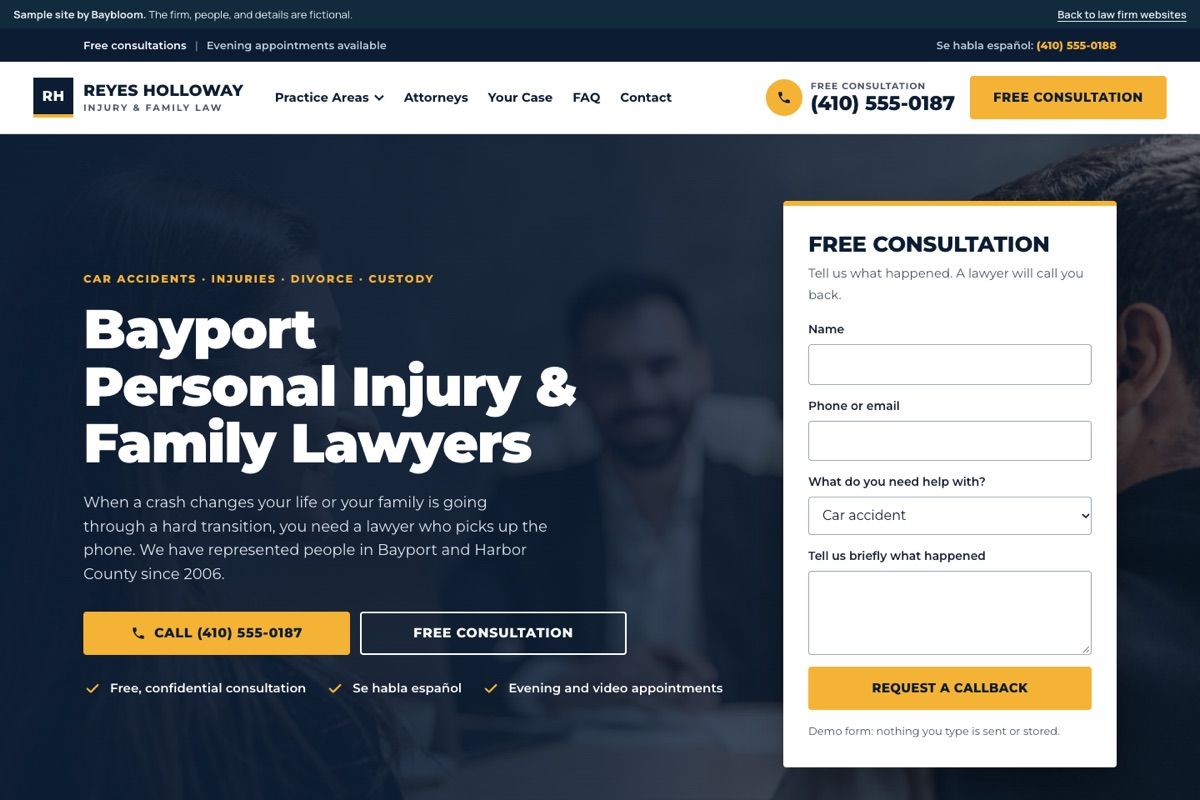 Home page of the Reyes Holloway Law sample site
